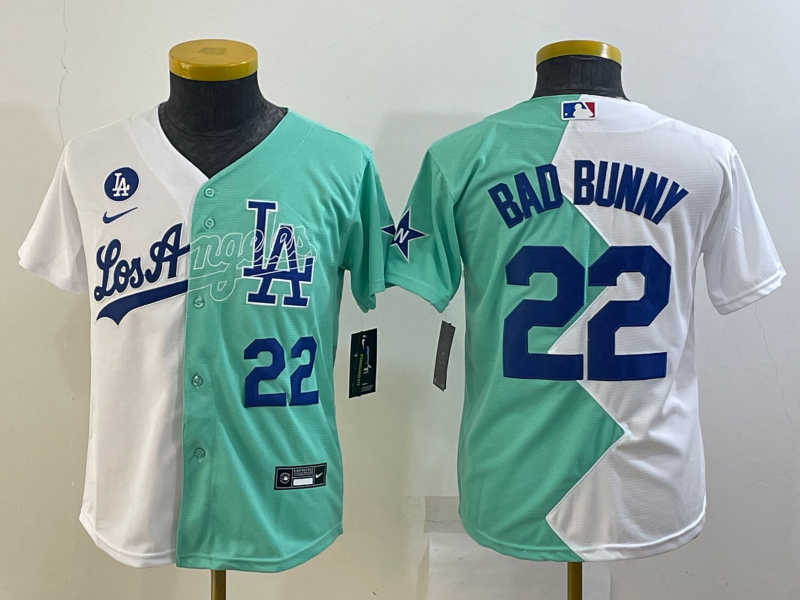 Youth Los Angeles Dodgers #22 Bad Bunny 2022 All-Star White/Green Split Stitched Jersey